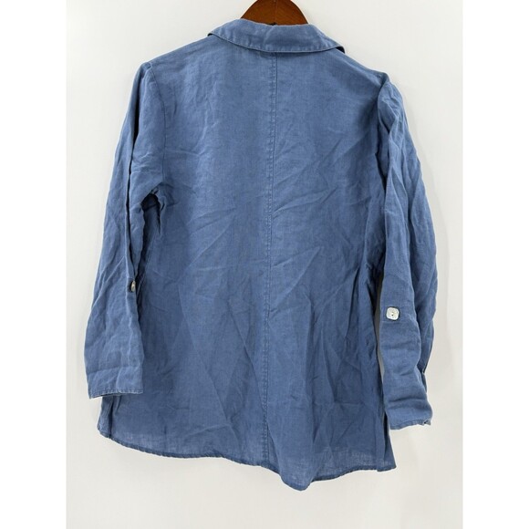 Habitat 100% Linen Blue Women's Top Mother of Pearl Buttons Swing Bottom SMALL - Picture 5 of 16